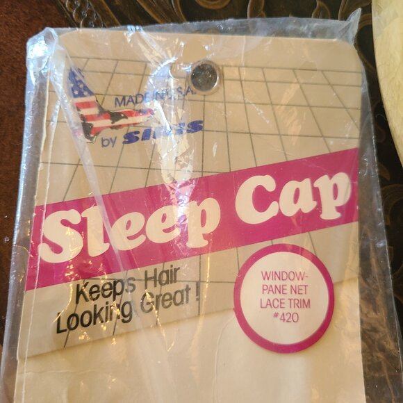 Vintage Siris Sleep Cap Bonnet Window Pane Net Lace Trim White Hair Protection - Picture 7 of 8